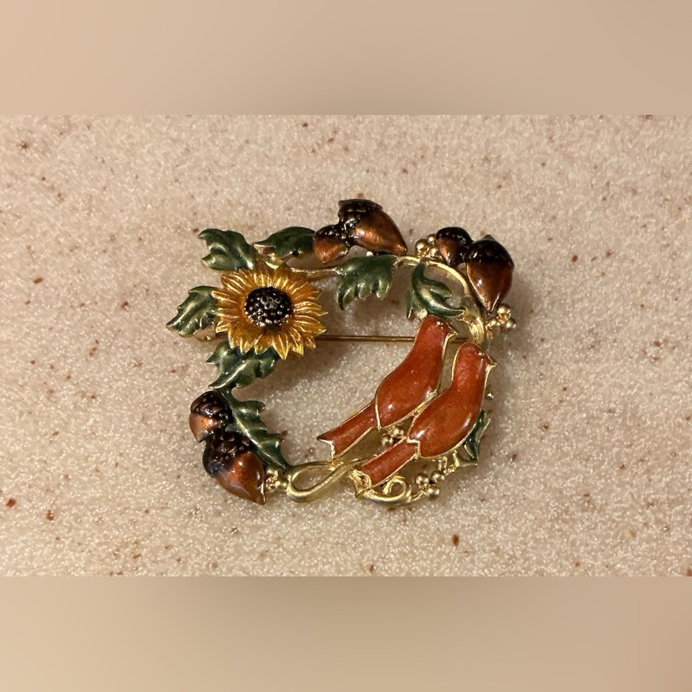 Kenneth Cole Sunflower and Acorn Brooch - Gold, Green, Brown